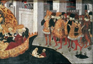 Decameron de Boccaccio (Jean Boccaccio): Chatelain Pericone vítá Alatiel, dceru babylonského sultána Beminedaba a její apartmá na ostrově Mallorca (Pericone da Visalgo vítá Alatiel dceru Beminedaba, babylonského sultána, na ahoj od Master of the Cassoni