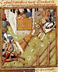 Brunehautovo mučení: Brunehaut nebo Brunehilde (543-613), vězeň Clotaire (Clothaire) II, je roztrhána na kusy koňmi, které přitahují její členy z každé strany - Miniatura Mistra šampiona dam z rukopisu „“ Des hommes illustres “””” 15 od Master of the Champion des Dames