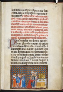 Bavlna Tiberius B. VIII f.49r Král obětující meč na oltáři, ilustrace z 