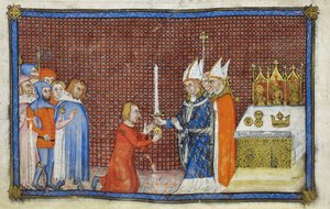 Cotton Tiberius B. VIII f.49v Arcibiskup z Remeše vrací meč králi, ilustrace z „Korunovační knihy Karla V., krále francouzského“