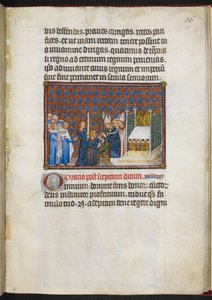 Cotton Tiberius B. VIII f.58r Král přebírající žezlo a virgu („Main de la Justice“) z „Korunovací knihy Karla V., krále francouzského“
