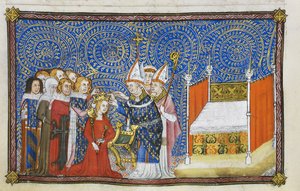Cotton Tiberius B. VIII f.69v Arcibiskup z Remeše klade korunu na hlavu královny a baroni podpírali její korunu, ilustrace z „Korunovací knihy Karla V., krále francouzského“
