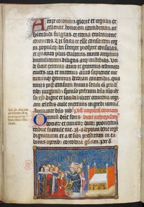 Cotton Tiberius B. VIII f.69v Arcibiskup z Remeše klade korunu na hlavu královny a baroni podpírali její korunu, ilustrace z „Korunovací knihy Karla V., krále francouzského“