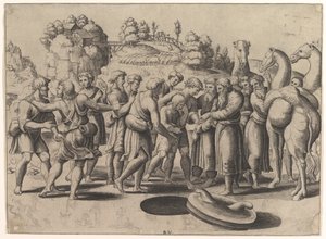 Josefa uprostřed prodávají jeho bratři stojící nad studnou, vpravo velbloudi, 1533. od Master of the Die