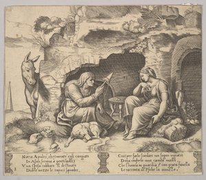 Deska 1: Apuleius se změnil v osla a naslouchal příběhu staré ženy sp..., 1520-70. od Master of the Die