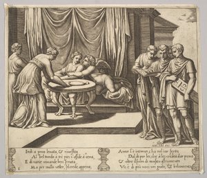 Talíř 8: Psyché sedící u stolu a obsluhovaní neviditelnými služebníky, Eros vedle g..., 1530-60. od Master of the Die