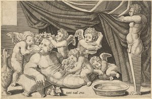 Zrcadlo římské velkoleposti: Bacchus Obklopen Putti s Priapem držícím ..., 16. století. od Master of the Die