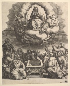 Nanebevzetí Panny Marie, dole kolem hrobu apoštolů, 1530-60. od Master of the Die