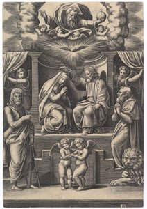 Korunovace Panny Marie, vlevo dole stojí sv. Jan Křtitel, vpravo dole ..., 1530-60. od Master of the Die