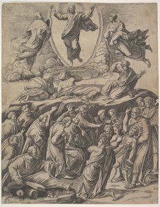 Proměnění Krista, které se objevuje nahoře uprostřed, pod ním různé postavy včetně..., 1530-60. od Master of the Die