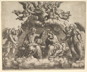 Korunovace Panny Marie, Kristus drží korunu nad její hlavou, Bůh Otec žehnej..., 1532. od Master of the Die