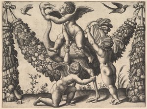 Tři putti před velkou girlandou, ten uprostřed jede na pštrosovi, z ..., ca. 1530-40. od Master of the Die