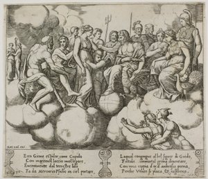 Venuše a Amor prosí svou věc v přítomnosti Jupitera a jiných bohů od Master of the Die
