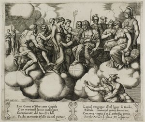 Venuše a Amor prosí svou věc v přítomnosti Jupitera a jiných bohů od Master of the Die