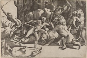 Pět mužů bojujících se bestiemi od Master of the Die after Giulio Romano