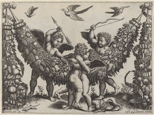 Dva Putti... Narážejí na druhého, kdo mačká dítě od Master of the Die after Raphael
