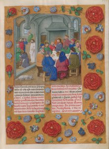 Temporale (1. část: od první neděle adventní do Bílé soboty). Poslední večeře (Zelený čtvrtek, matutina). Hranice s květinovou výzdobou. Dva sloupce textu. od Master of the Dresden Prayer Books