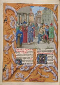 Temporale (1. část: od první neděle adventní do Bílé soboty). Kristus vyhání němého ďábla (třetí neděle postní). Ohraničení a dva sloupce textu s iniciálami.