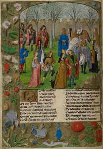 Carolle v zahradě. The Lover je pozván k tanci se skupinou párů vedených Sirem Mirthem a Lady Gladness., z 