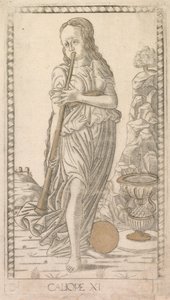 Calliope ze série Tarocchi D: Apollo and the Muses, # 11, před rokem 1467.