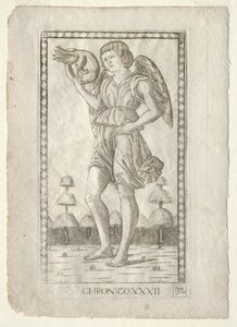 Genius of Time z Tarocchi, série B: Cosmic Principles & Virtues, #32, před rokem 1467. od Master of the E Series Tarocchi