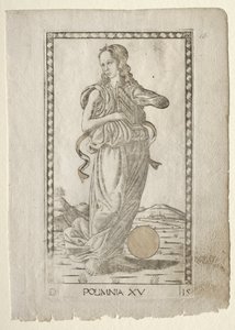 Hrdinské hymny Polyhymnia ze série Tarocchi D..., před rokem 1467. od Master of the E Series Tarocchi