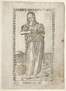 Terpsichore tanec a píseň ze série Tarocchi D..., před rokem 1467.