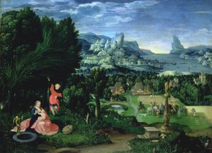 Odpočinek na útěku do Egypta, krajina, kterou namaloval Joachim Patinir (fl.1515-25) (deska)