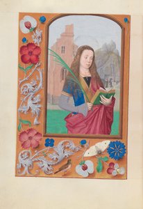 Hodiny španělské královny Isabely Katolické:  Fol. 191v, svatá Barbora od Master of the First Prayerbook of Maximillian