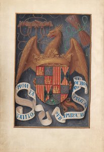 Hodiny královny Isabely Katolické, královny Španělska: Fol. 1v, Zbraně a hesla Isabel la Católica