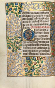 Kniha hodin Použití Rouen: fol. 22v, velká iniciála O s propracovaným okrajem, c. 1470.
