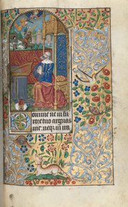 Kniha hodin Použití Rouen: fol. 80r, David Penitent, na dálku David zabíjející Goliáše, c1470 od Master of the Geneva Latini