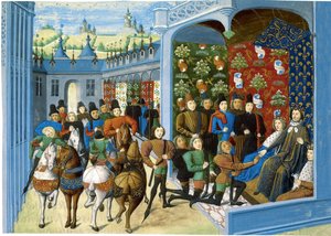 Francouzský král Karel VI. přijímá anglické vyslance. Od Jean Froissarts Chroniques, dříve