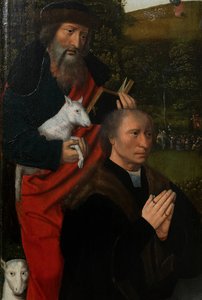 Detail levé desky Panny Marie s dítětem se sv. Kateřinou a sv. Barborou, kolem 1520-25 (olej na desce)