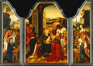Triptych: Klanění tří králů, sv. Jakub představuje dárce a sv. Kateřina Alexandrijská představuje dárcovu manželku a dvě dcery