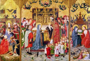 Oltářní obraz Sedmi radostí Panny, zobrazující Klanění tří králů, Uvedení v chrámu a Kristus zjevující se Marii, kolem roku 1480 od Master of the Holy Family