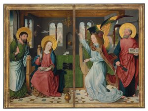 Zvěstování se svatými Bartolomějem a Petrem, dvě křídla z oltářního obrazu od Master of the Holy Kinship