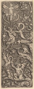 Ornament s Cupidem, satyrem a groteskními postavami od Master of the Horse Heads