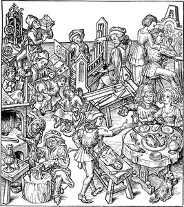 Merkur a jeho děti. Ilustrace z Housebooku, 80. léta 14. století
