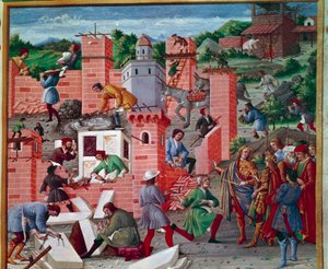 Stavba města Říma. Dvojčata Romulus a Remus navštíví místo (kontrola práce a práce předem). Dělníci jsou aktivní v úkolu: Macons, Stone Tailors, nosiči, mramor a cement (příprava cementu) v práci. Miniatura v „“ Romuleonu. od Master of the Innocent III missal