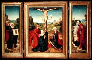 Triptych s centrálním panelem Ukřižování s Pannou Marií, sv. Janem a Marií Magdalénou; levé křídlo: sv. Veronika a světice; a pravé křídlo: Dvě Marie (olej na panelu) od Master of the Legend of St. Catherine