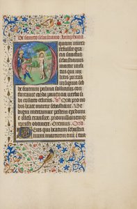 Iniciála O: Umučení svatého Šebestiána od Master of the Llangattock Hours