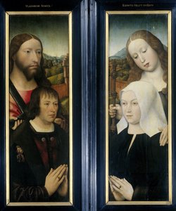 Dvě křídla triptychu s dárcem Thomasem Isaacqem v doprovodu Saint Thomas (vlevo, vnější křídlo) a Dárcovy ženy v doprovodu svaté Markéty (vpravo, vnější křídlo) od Master of the Magdalen Legend