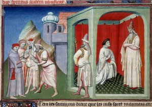 Jan z Mandevillu a sultán. Kontroverze mezi křesťany a muslimy reprezentovaná Jeanem de Mandeville, průzkumníkem z Lutychu (1300-1372) a sultánem Saracénů. Miniatura v „Knize divů světa““ Paní 2810 Folio 175v. Rukopis