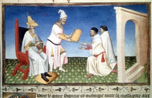 Marco a Mattia Polo přijímající dary od Kubilaye Khana, - miniatura převzatá z „Knihy divů““ („“Devisement of the World““, „“Il Milione“) od Marca Pola (1254-1324) (paní 2810 , Folio 3v) osvícené Mistrem z Mazarine, cca 1410-1412