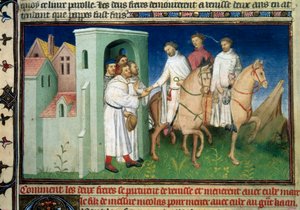 Matteo a Niccolo, bratři Polo opouštějící Benátky. Miniatura převzatá z „“The Book of Wonders””” (“”Devisement of the World””, “”Il Milione””) od Marca Pola (1254-1324) (Ms. 2810, Folio 4) osvícená Mistrem Mazarine, kolem 1410-1412. BN,