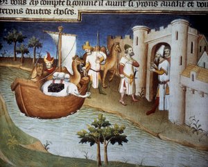 Bratři Polo (včetně Marca Pola) připlouvají do Ormuzu z Indie na nákladní lodi. Miniatura v „“ The Book of Wonders““ („“ Devisement du monde“, „“ Il Milione“) (Ms. 2810, Folio 14v). Rukopis vložený mistrem z Mazarine