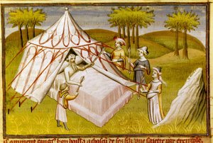 Mongolský vůdce Čingischán na smrtelné posteli dává svá poslední doporučení svým synům, kolem roku 1410 (miniatura)