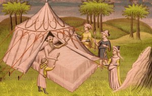 Mongolský vůdce Čingischán na smrtelné posteli dává svá poslední doporučení svým synům, kolem roku 1410 (miniatura)
