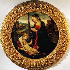 Madona s dítětem s malým svatým Janem Křtitelem, obraz připisovaný Mistru z Tonda Millera (konec 15. století). od Master of the Miller Tondo (attr. to)